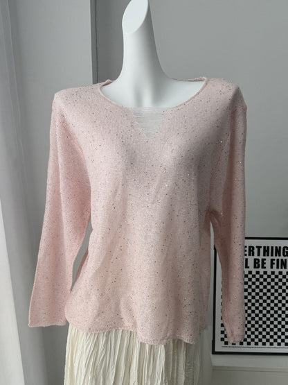 Distressed Neck Knit Pullover Sweater With Sequins For Women 2026