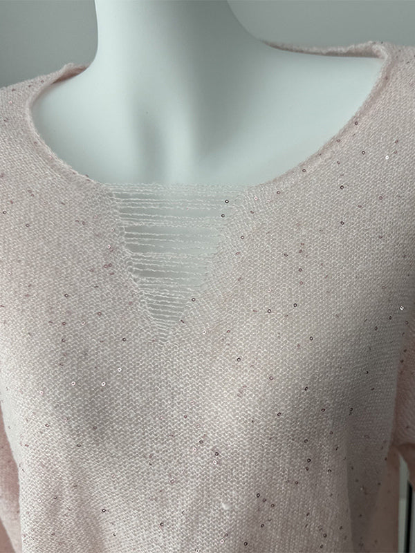 Distressed Neck Knit Pullover Sweater With Sequins For Women 2026