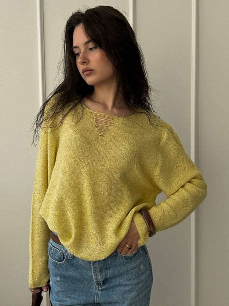 Distressed Neck Knit Pullover Sweater With Sequins For Women 2026