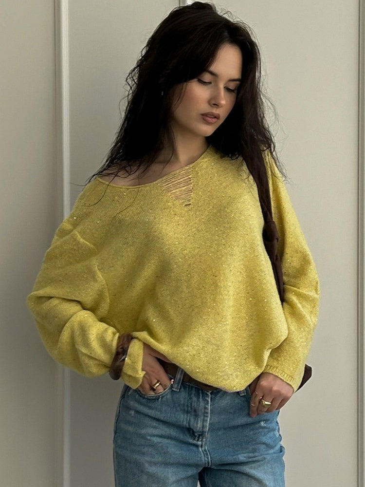 Distressed Neck Knit Pullover Sweater With Sequins For Women 2026