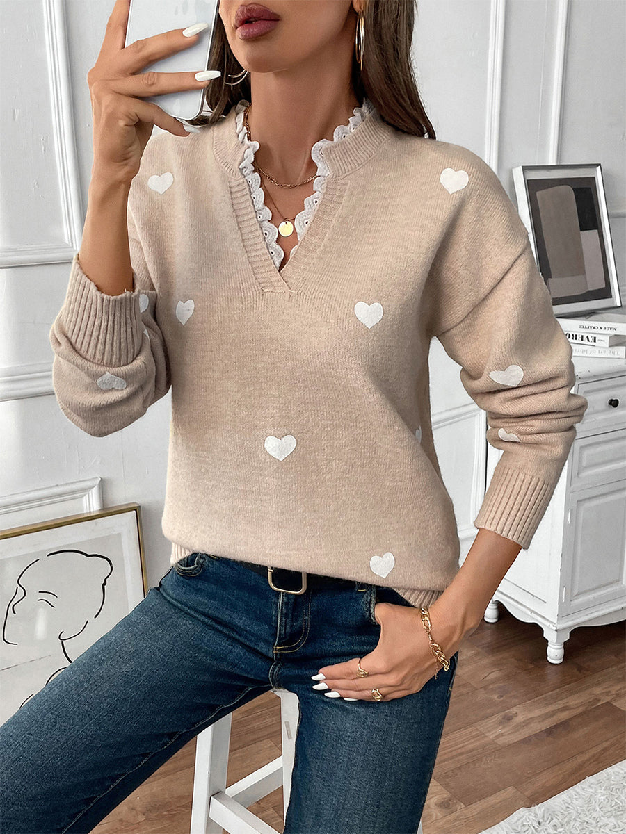 Heart Print V-Neck Sweater For Women 2026
