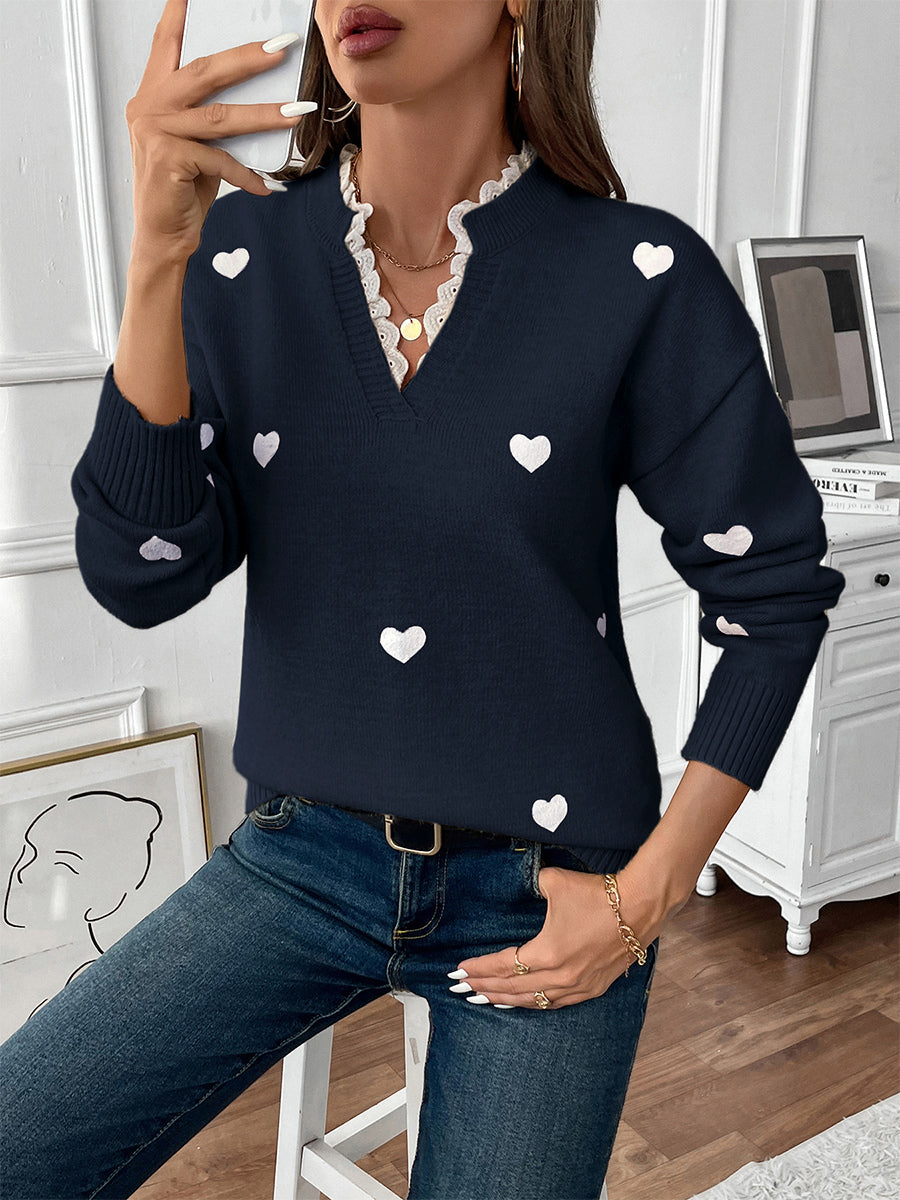 Heart Print V-Neck Sweater For Women 2026