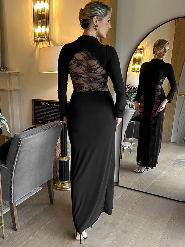 Black Lace Panel Bodycon Maxi Dress With Mock Neck For Women 2026