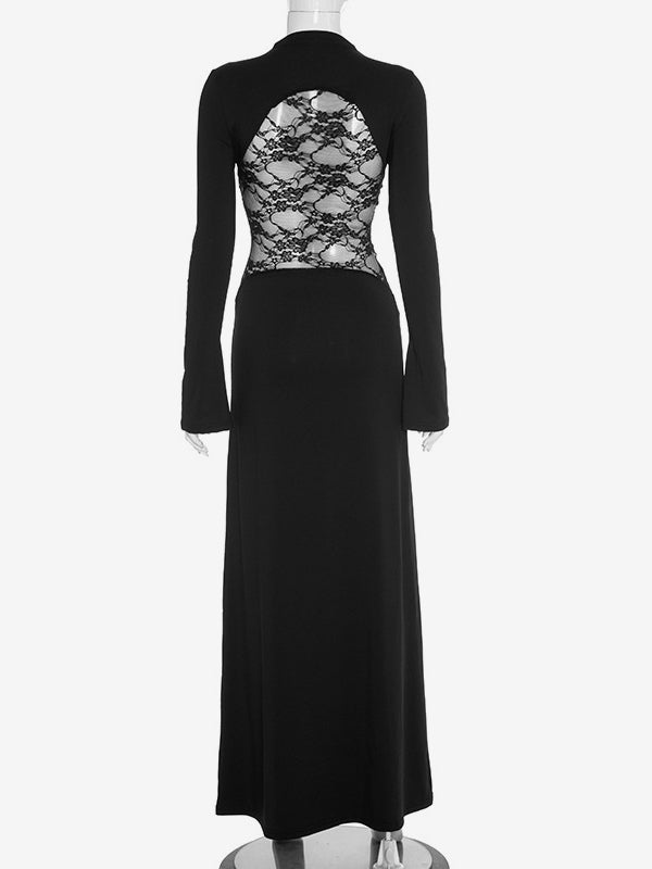 Black Lace Panel Bodycon Maxi Dress With Mock Neck For Women 2026