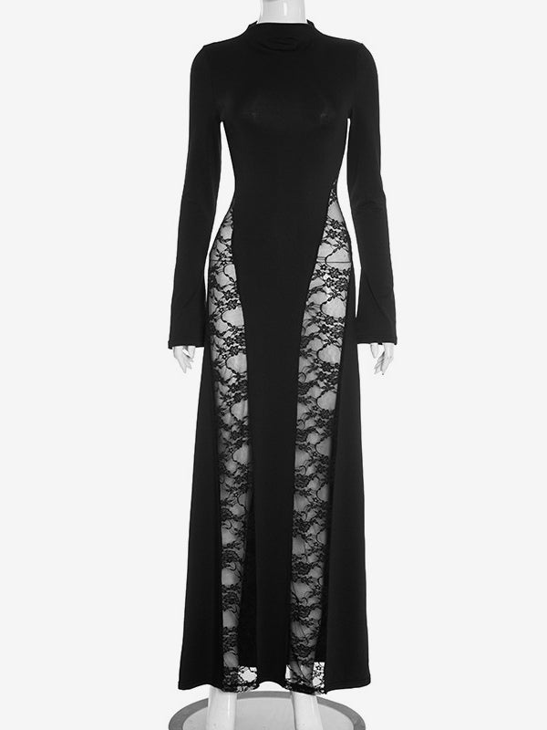 Black Lace Panel Bodycon Maxi Dress With Mock Neck For Women 2026