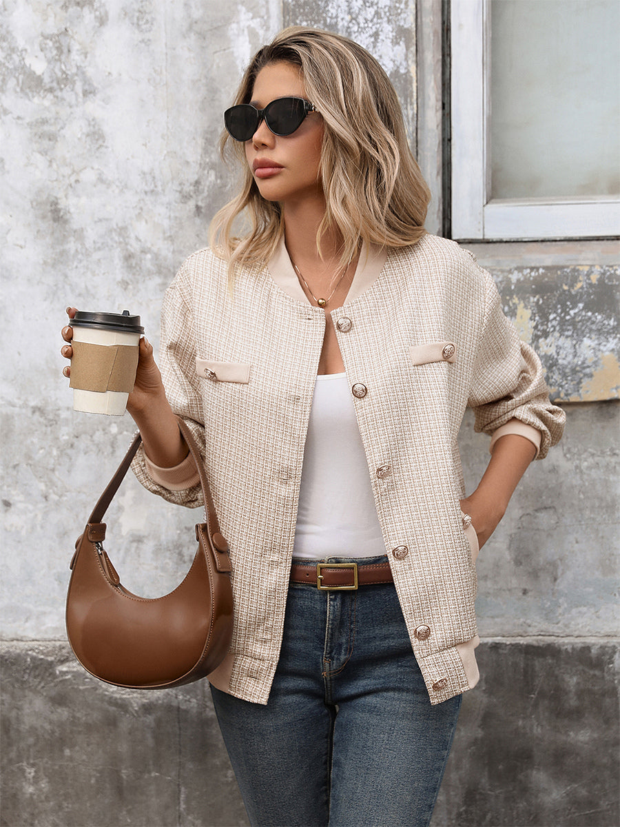 Tweed Bomber Jacket Casual Outwear For Women 2026