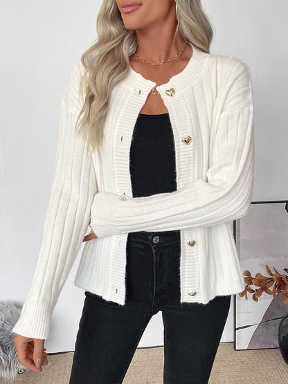Heart Button Ribbed Knit Cardigan Round Neck Long Sleeve Top For Women 2026