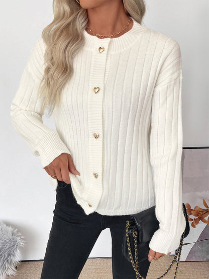 Heart Button Ribbed Knit Cardigan Round Neck Long Sleeve Top For Women 2026
