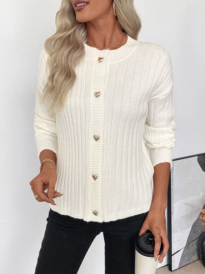 Heart Button Ribbed Knit Cardigan Round Neck Long Sleeve Top For Women 2026