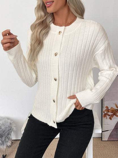 Heart Button Ribbed Knit Cardigan Round Neck Long Sleeve Top For Women 2026