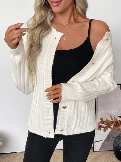 Heart Button Ribbed Knit Cardigan Round Neck Long Sleeve Top For Women 2026