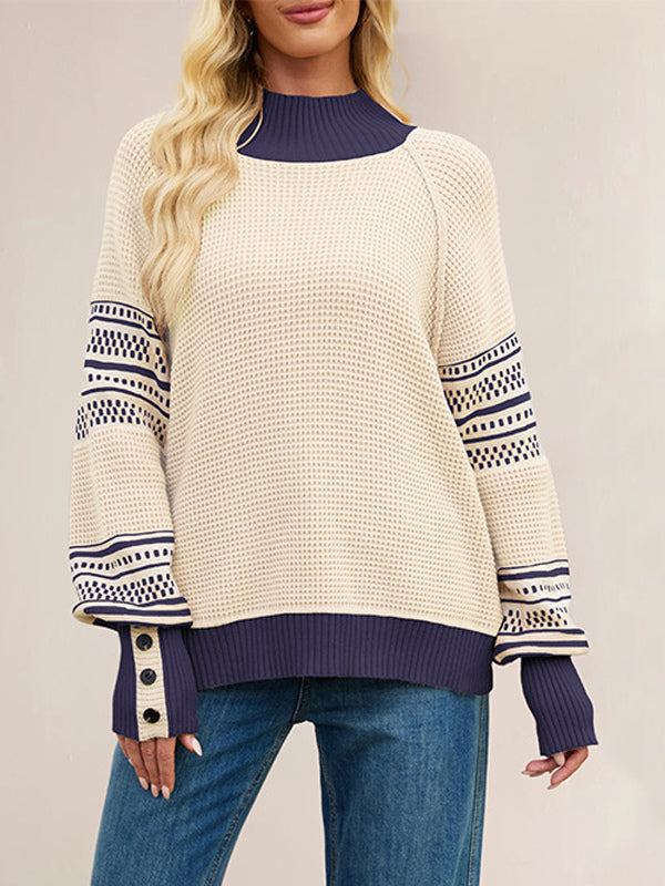 Mock Neck Knit Sweater Stripe Print Sleeve Button For Women 2026