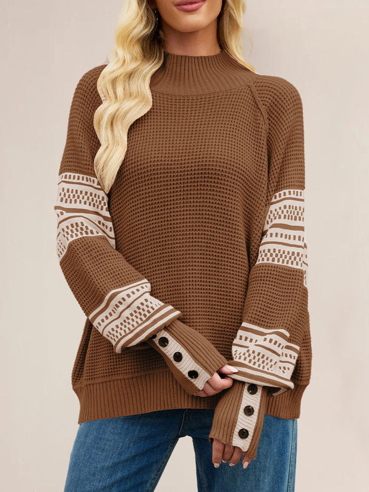 Mock Neck Knit Sweater Stripe Print Sleeve Button For Women 2026