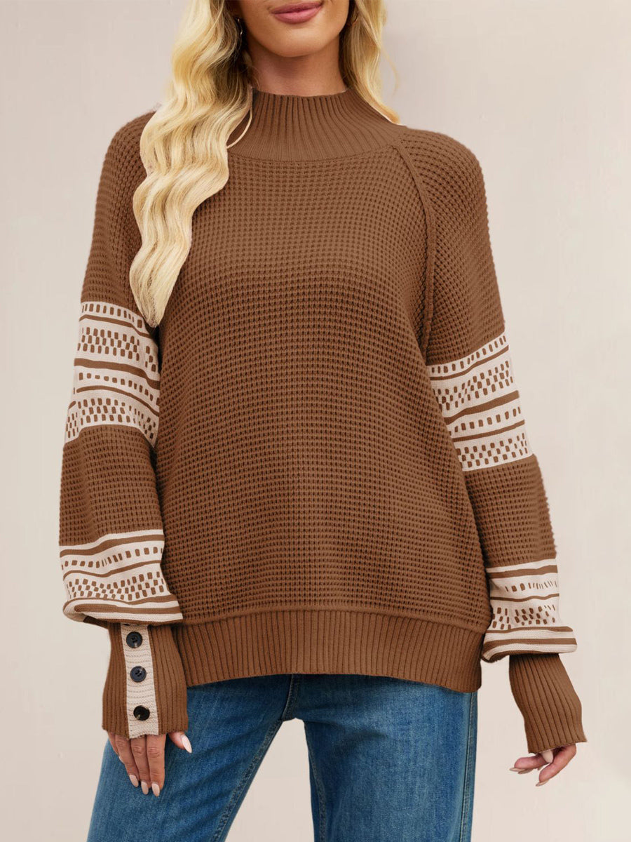 Mock Neck Knit Sweater Stripe Print Sleeve Button For Women 2026