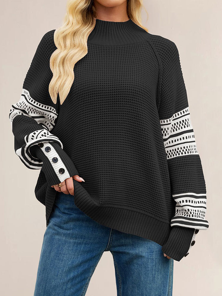 Mock Neck Knit Sweater Stripe Print Sleeve Button For Women 2026