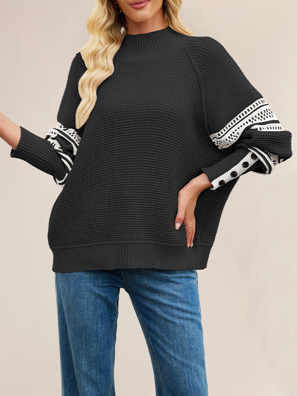 Mock Neck Knit Sweater Stripe Print Sleeve Button For Women 2026