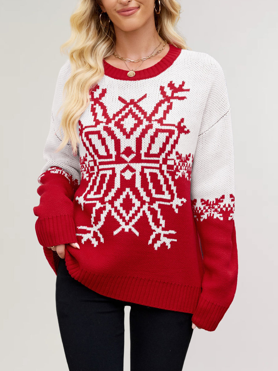 Snowflake Print Christmas Sweater Red White Knit Pullover For Women 2026