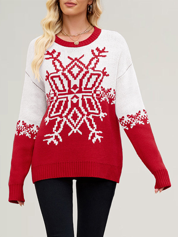 Snowflake Print Christmas Sweater Red White Knit Pullover For Women 2026