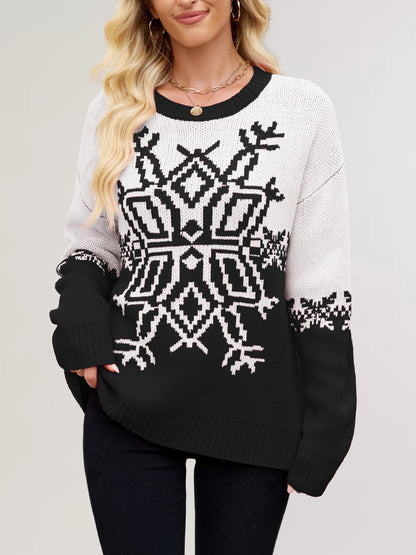 Snowflake Print Christmas Sweater Red White Knit Pullover For Women 2026