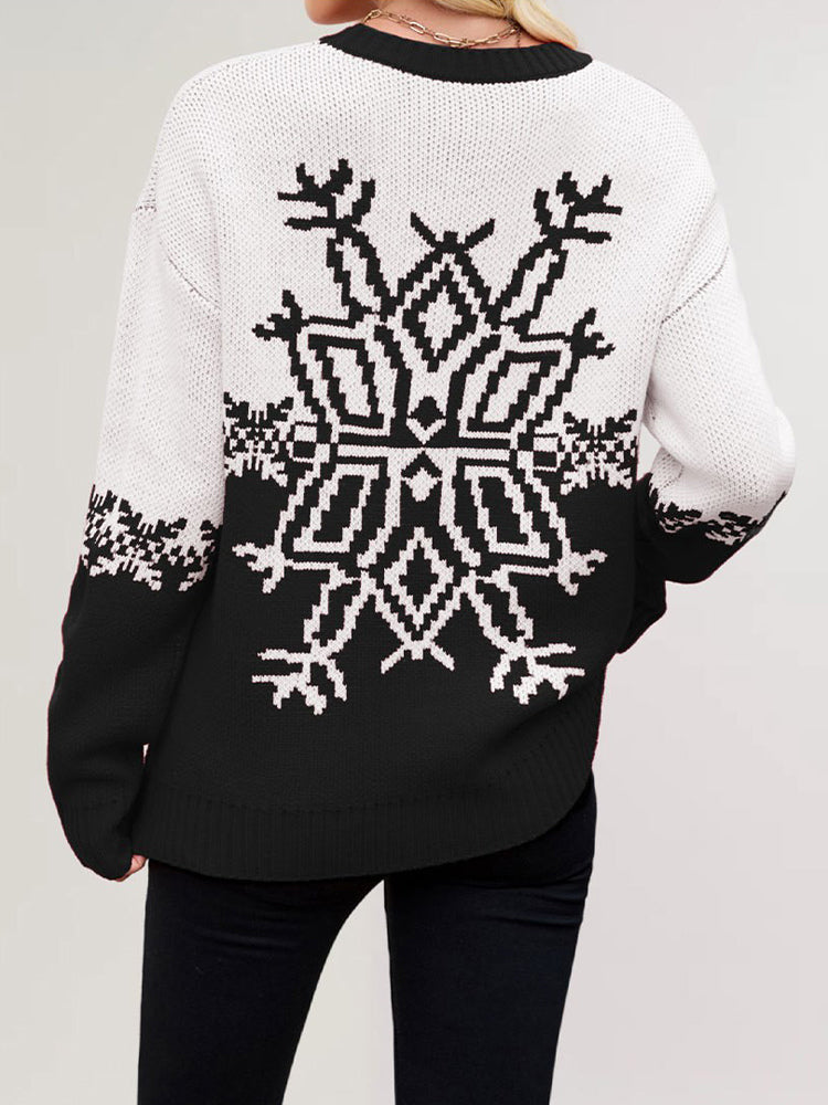 Snowflake Print Christmas Sweater Red White Knit Pullover For Women 2026