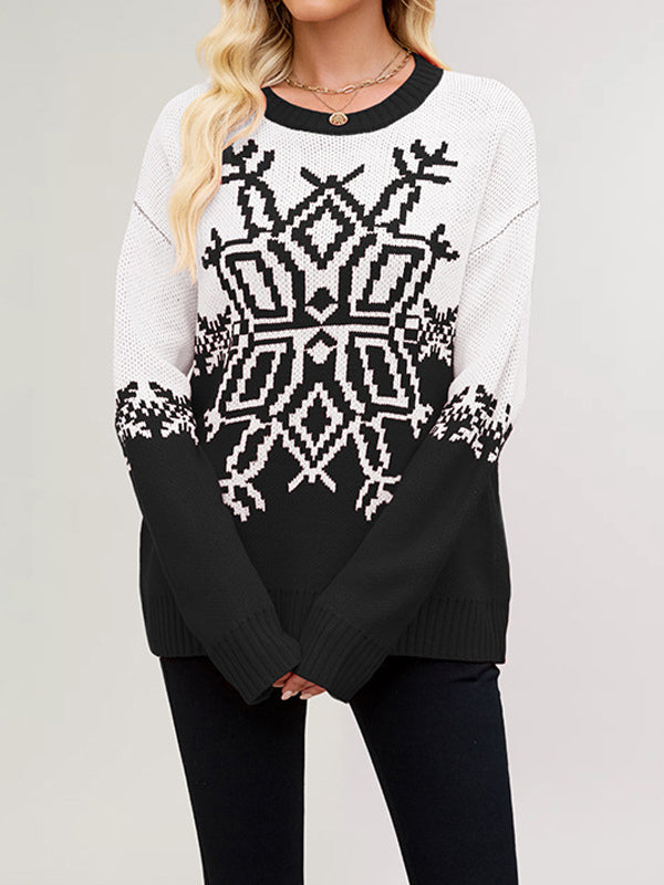 Snowflake Print Christmas Sweater Red White Knit Pullover For Women 2026
