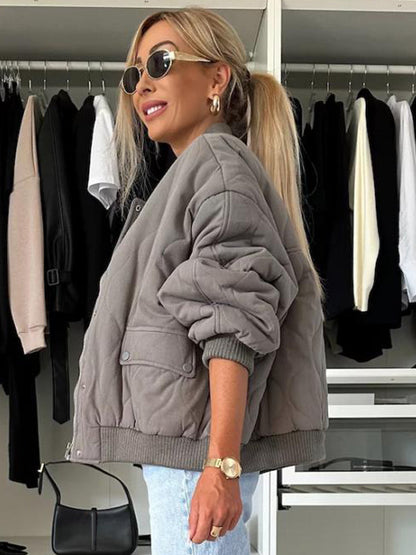 Oversized Black Quilted Bomber Jacket Padded Streetwear Coat For Women 2026