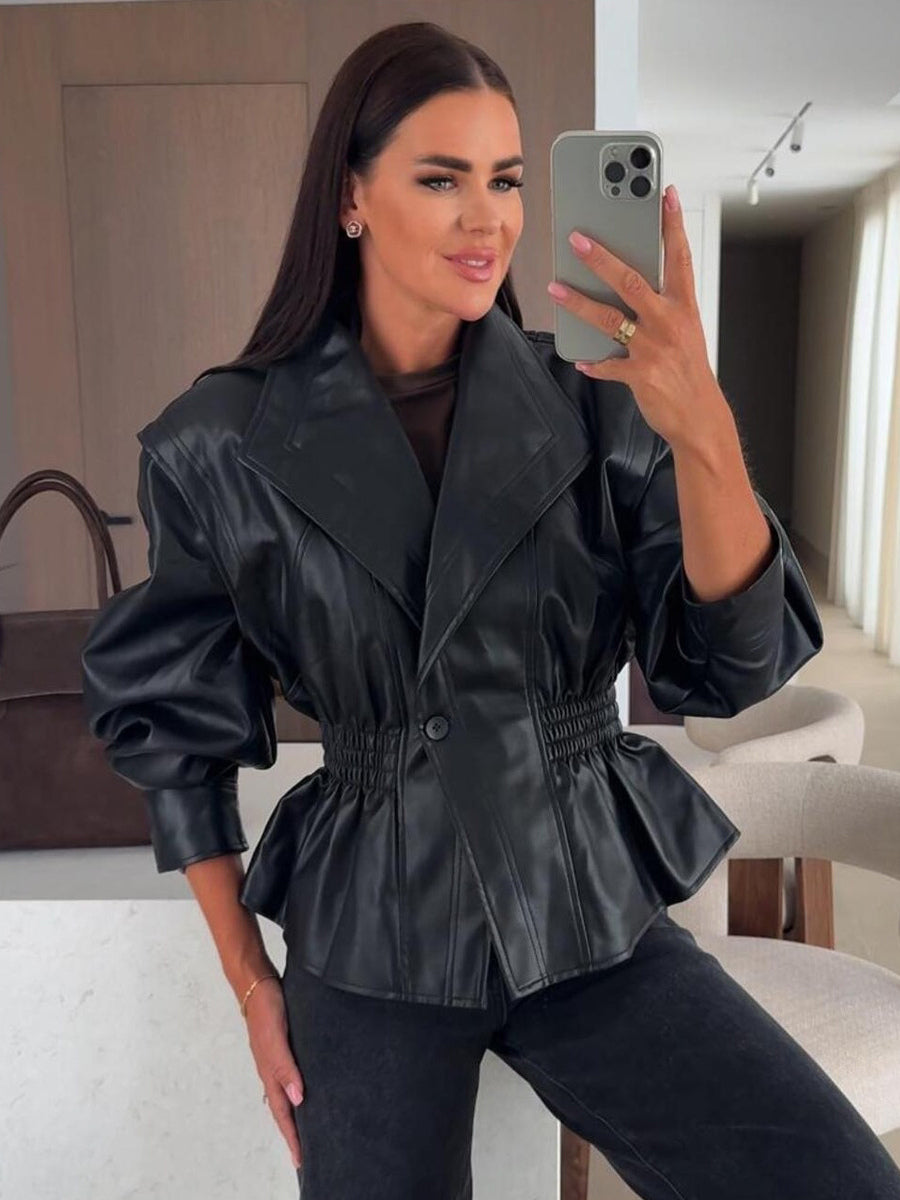 Chic Black Faux Leather Peplum Jacket Elastic Waist Blazer For Women 2026