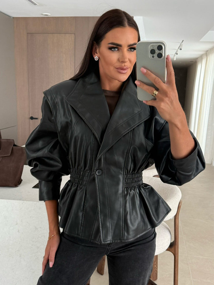 Chic Black Faux Leather Peplum Jacket Elastic Waist Blazer For Women 2026