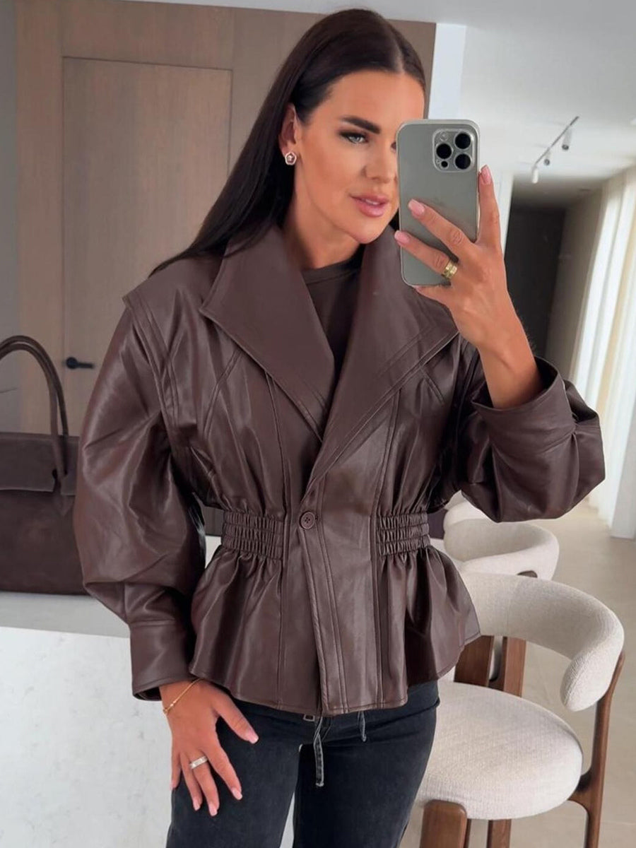 Chic Black Faux Leather Peplum Jacket Elastic Waist Blazer For Women 2026