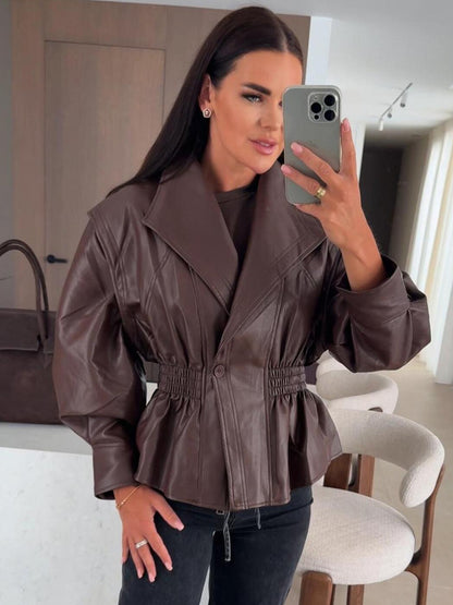 Chic Black Faux Leather Peplum Jacket Elastic Waist Blazer For Women 2026