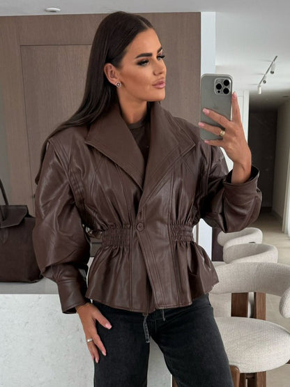 Chic Black Faux Leather Peplum Jacket Elastic Waist Blazer For Women 2026
