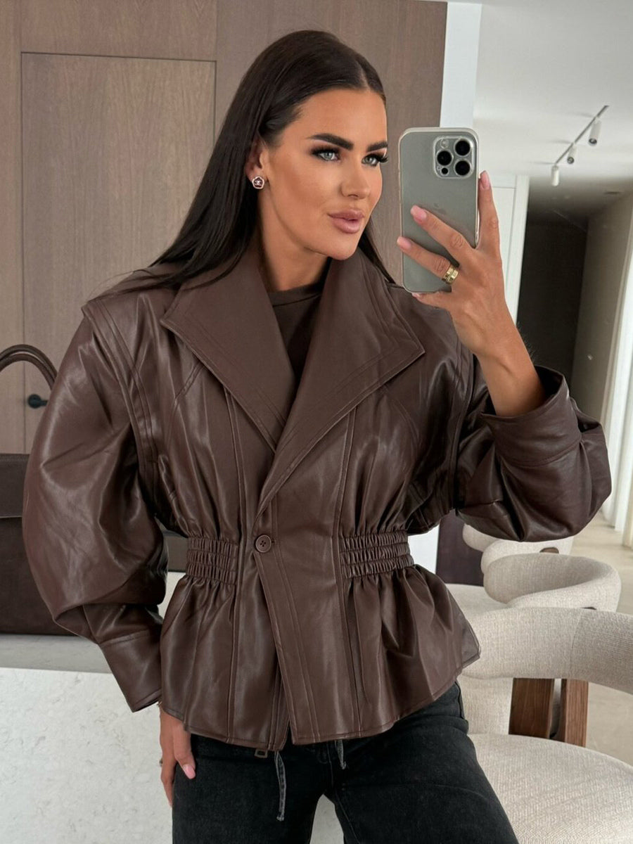 Chic Black Faux Leather Peplum Jacket Elastic Waist Blazer For Women 2026