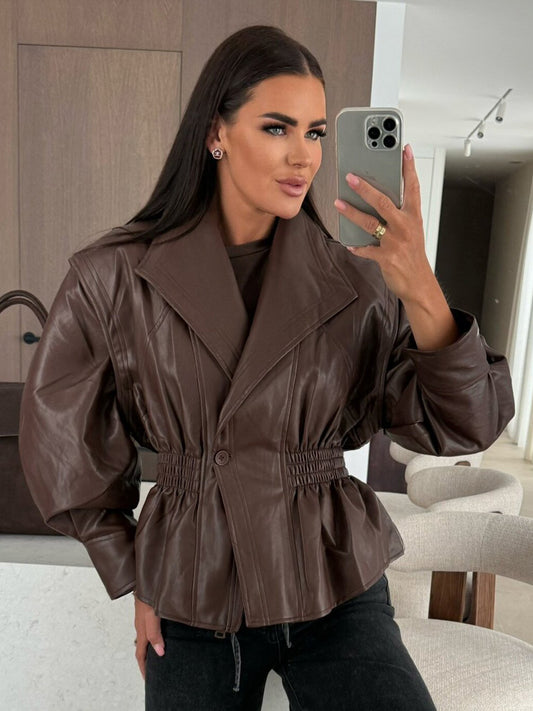 Chic Black Faux Leather Peplum Jacket Elastic Waist Blazer For Women 2026