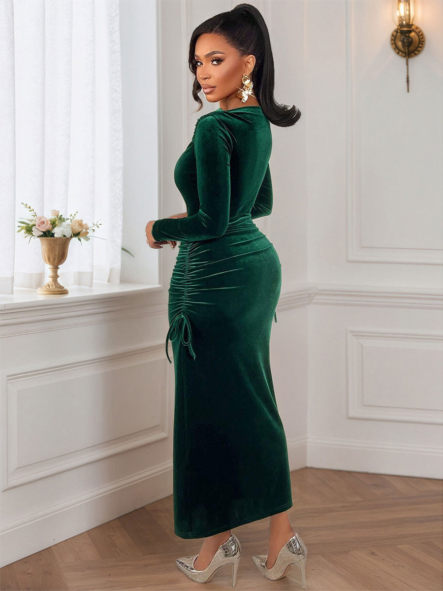 Emerald Green Velvet Ruched Long Sleeve Midi Dress For Women 2026