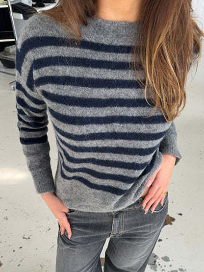 Casual Stripe Knit Sweater Loose Fit Crew Neck Pullover For Women 2026