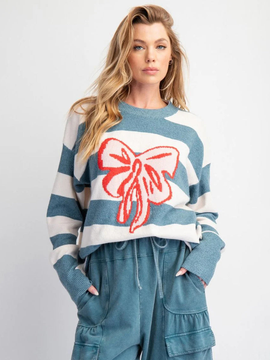 Sweet Striped Bow Print Oversized Knit Sweater Top For Women 2026