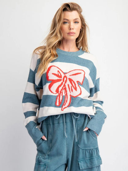 Sweet Striped Bow Print Oversized Knit Sweater Top For Women 2026