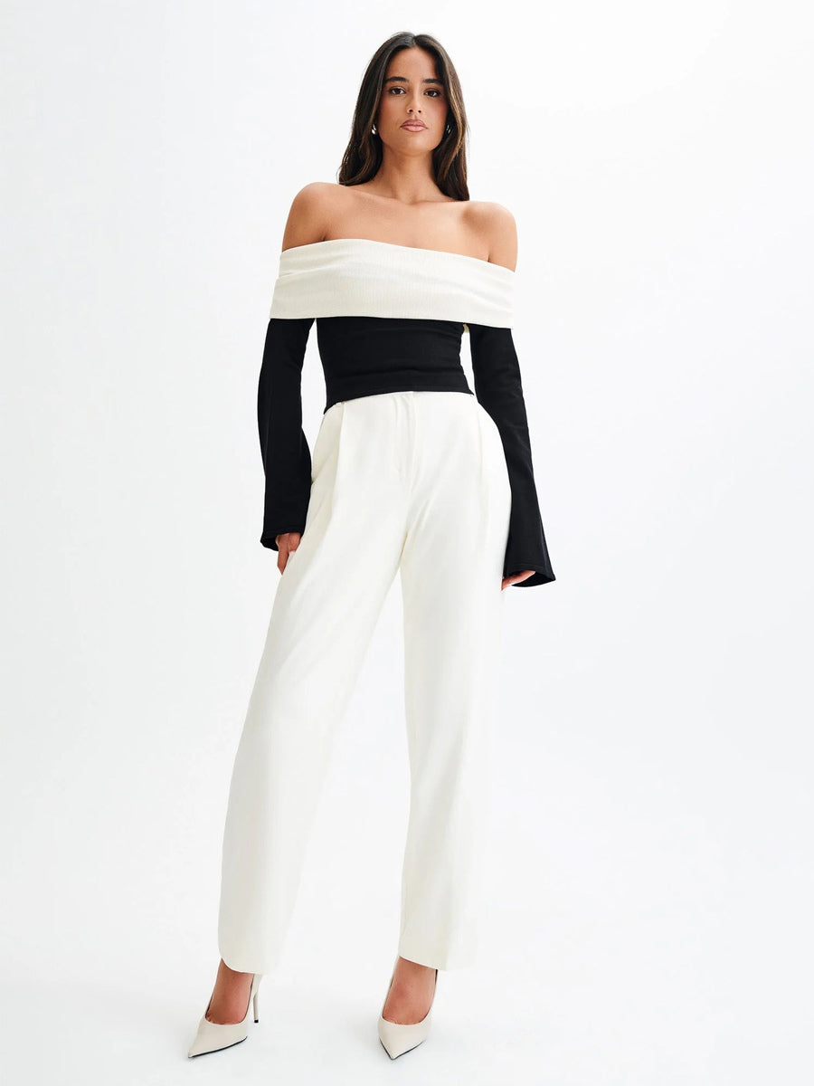 Off Shoulder Two Tone Color Block Knit Long Sleeve Top For Women 2026