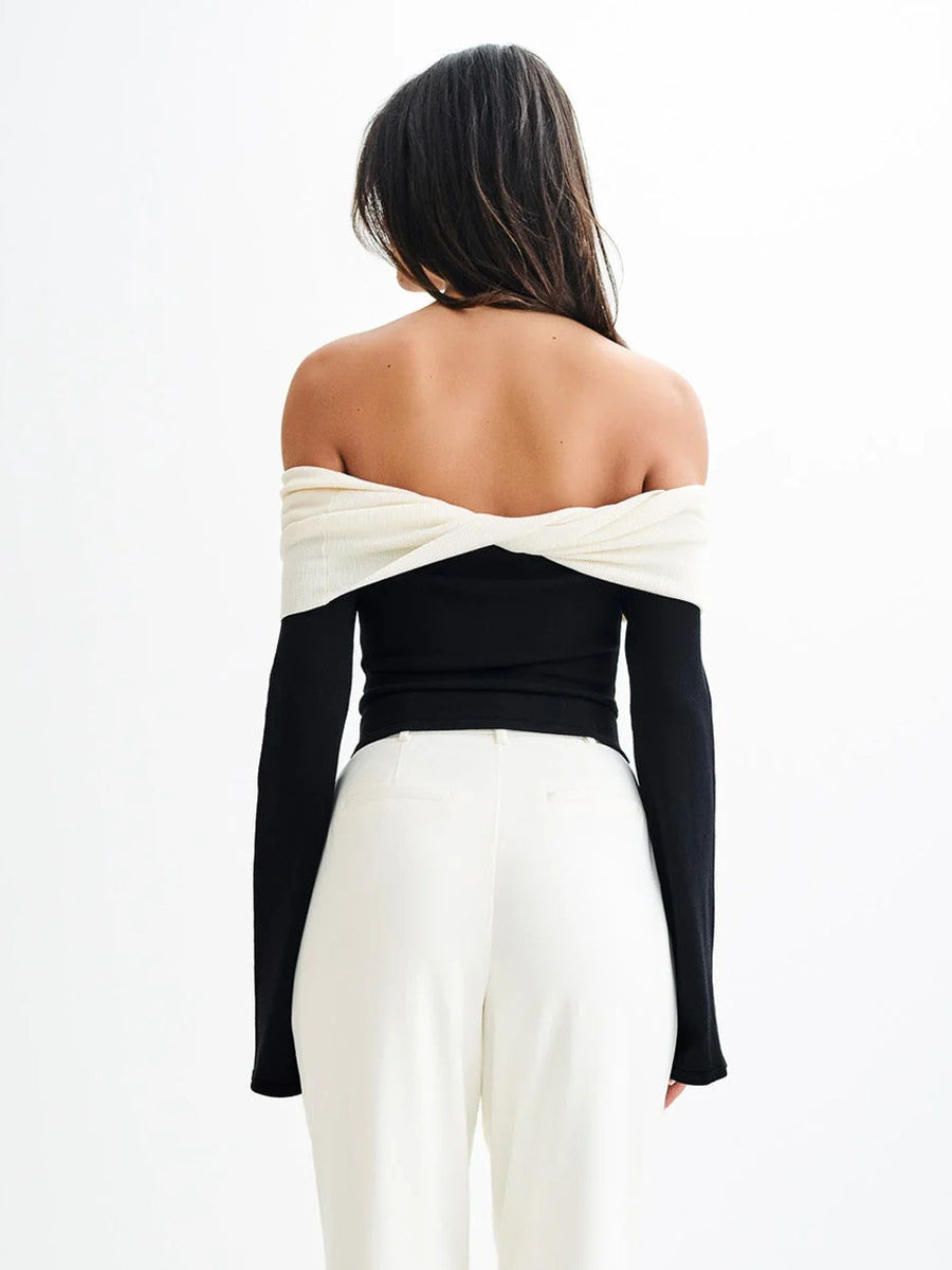 Off Shoulder Two Tone Color Block Knit Long Sleeve Top For Women 2026