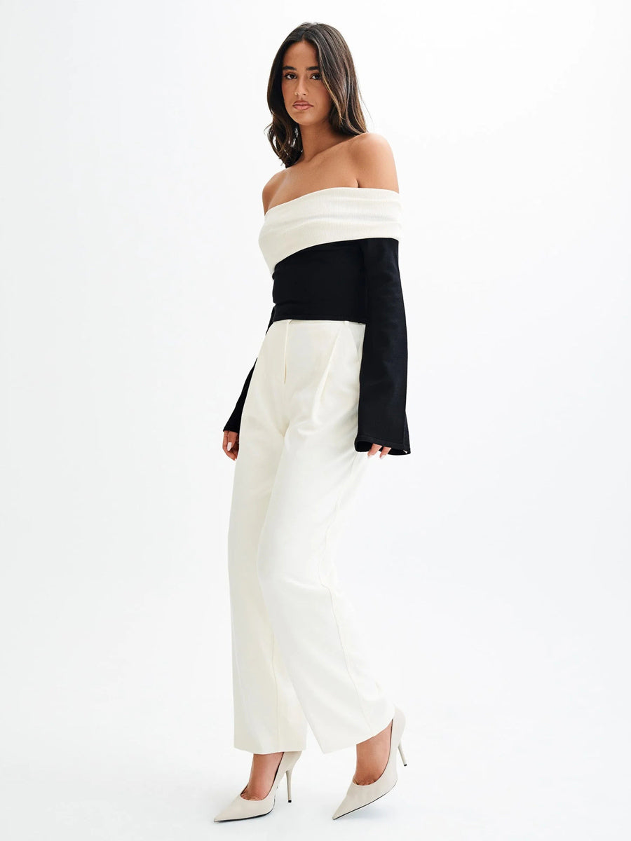Off Shoulder Two Tone Color Block Knit Long Sleeve Top For Women 2026