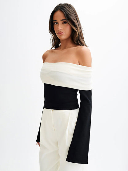 Off Shoulder Two Tone Color Block Knit Long Sleeve Top For Women 2026
