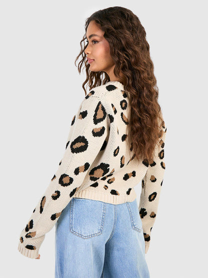 Leopard Print Crop Cardigan Tie Front Long Sleeve Knit Top For Women 2026