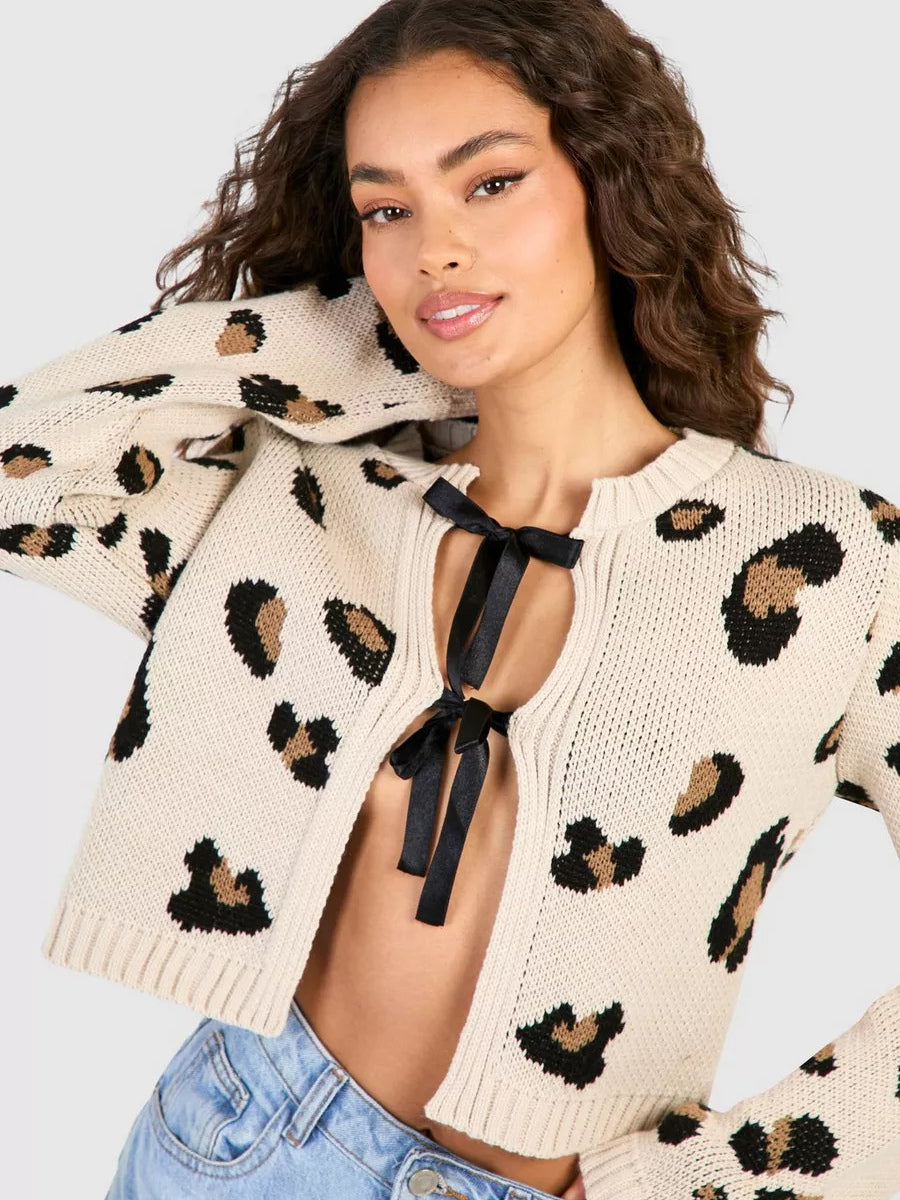 Leopard Print Crop Cardigan Tie Front Long Sleeve Knit Top For Women 2026