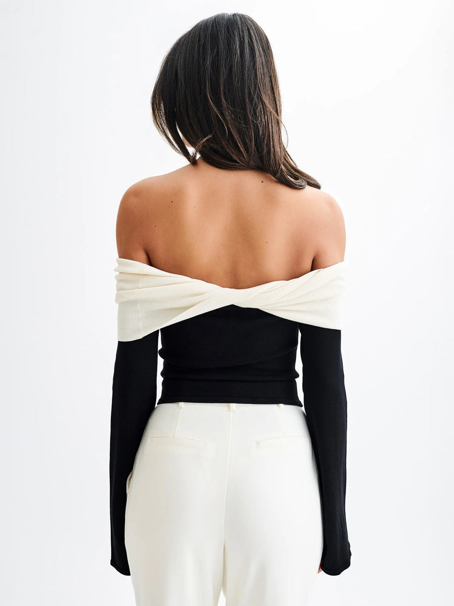 Off Shoulder Two Tone Color Block Knit Long Sleeve Top For Women 2026