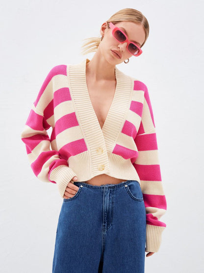 Striped V-Neck Crop Cardigan Knit Button Up Sweater For Women 2026