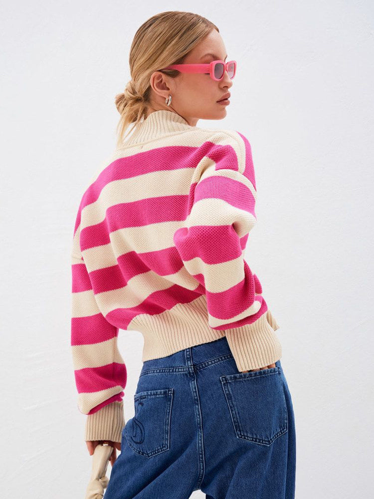 Striped V-Neck Crop Cardigan Knit Button Up Sweater For Women 2026