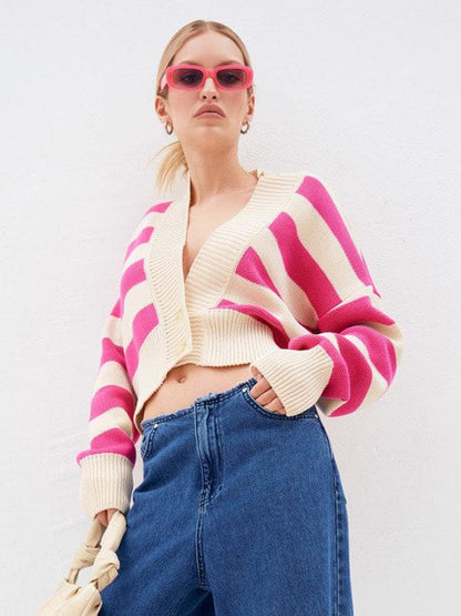 Striped V-Neck Crop Cardigan Knit Button Up Sweater For Women 2026