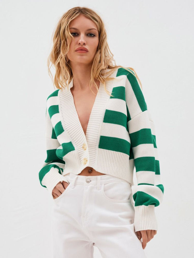 Striped V-Neck Crop Cardigan Knit Button Up Sweater For Women 2026