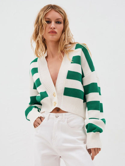 Striped V-Neck Crop Cardigan Knit Button Up Sweater For Women 2026