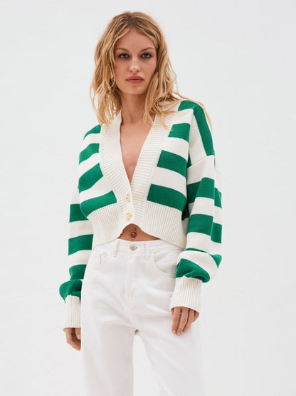 Striped V-Neck Crop Cardigan Knit Button Up Sweater For Women 2026